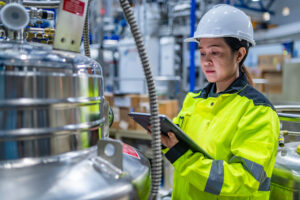 Worker doing data analysis on mobile device